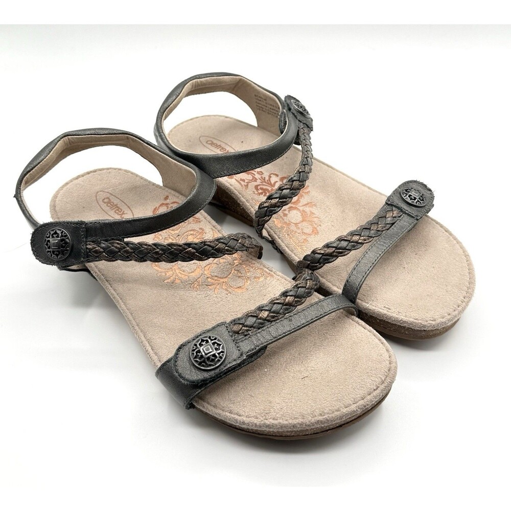 Aetrex “Jillian” Gray Braided Leather Strappy Sandal Women’s‎ Sz 11 Comfort